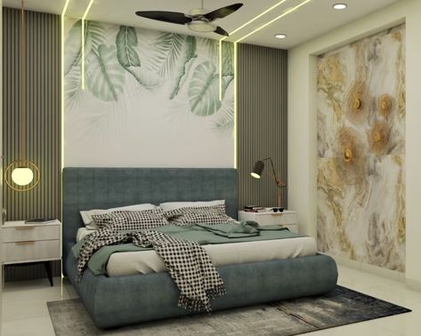 Bed With Back Paneling, Bed Back Wall Design With Door, Back Panelling Designs Bedrooms, Bed Headboard Wallpaper, Headboard Panelling Design, Grey Floral Wallpaper Bedroom, Master Bedrooms Paneling, Panelling Design Wall Bedroom, Headboard Wall Panelling