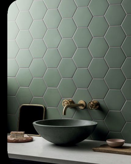 Green Hexagon Tile, Porcelain Hexagon Tile, Mandarin Stone, Kitchen Spray, Concrete Basin, Downstairs Toilet, Bad Inspiration, Jungle Green, Hexagon Tiles