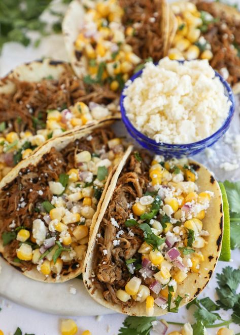 Slow Cooker Carnitas Tacos with Mexican Corn Salsa - Kalefornia Kravings Slow Cooker Carnitas Pork, Mexican Corn Salsa, Barrio Tacos, Carnitas Pork, Crockpot Carnitas, Kalefornia Kravings, Meat Tacos, Pork Carnitas Tacos, Stomach Rumbling