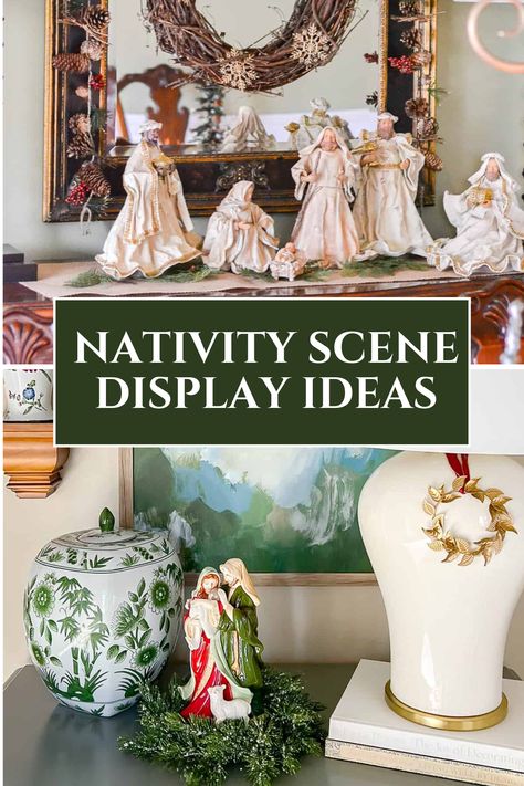 Discover creative and meaningful ways to display your Nativity scene this Christmas! From mantel arrangements to tabletop decor, find ideas to showcase the true spirit of the season in your home. Nativity Set Under Tree, Nativity Table Displays, Ideas For Nativity Display, Unique Nativity Scene, Nativity Scene On Dining Room Table, Mantel Nativity Scene Display, How To Display A Nativity Scene, Nativity Stable Ideas, Tabletop Nativity Scene Display Ideas