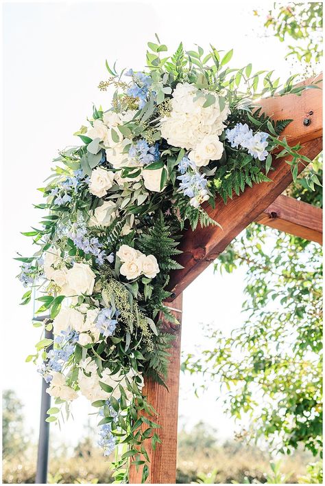 Dusty Blue Wedding Arbor Flowers, Flowers On Wedding Aisle, Flowers On Arbor For Wedding, Blue Hydrangea Wedding Arbor, Blue And White Flowers For Wedding, Blue And White Arbor Flowers, Blue And White Wedding Arbor, Blue And White Wedding Arch Flowers, Simple White Flowers Wedding