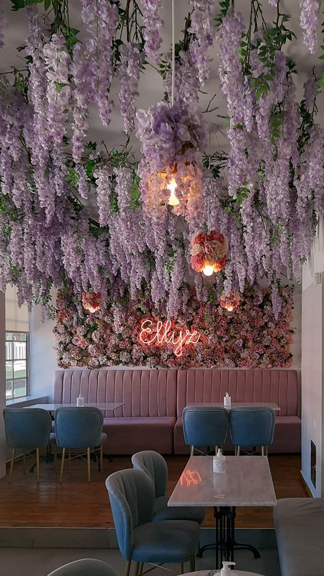 Pink purple flowers ellyz athens aeshetic decoration Cafe books coffee happiness led lights Cake Shop Interior, Cafe Board, Outdoor Couch Diy, Purple Cafe, Selfie Studio, Bloom Bar, Angel Wings Decor, Pink Cafe, Flower Vines