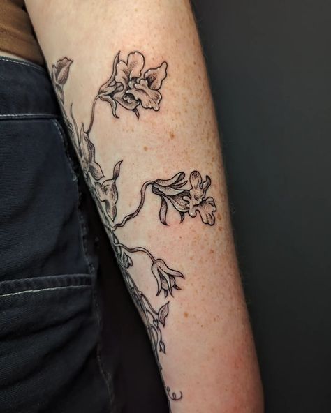 Lovely illustrative snapdragon vine for Emma's first tattoo! Love how this came out, such an elegant placement! Thank you for the trust! Snapping Dragon Flower Tattoo, Coraline Snapdragon Tattoo, Snap Dragon Tattoo, Snapdragon Tattoo, Skin Doodles, Coraline Tattoo, Snap Dragon, Tattoo Love, First Tattoo