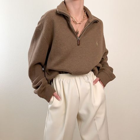 by P. vintage on Instagram: “SOLD 🌹 Absolutely classic and cozy- the vintage essential Ralph Lauren half zip in a beautiful light mocha shade. Feelin the warmth yet?…” Ralph Lauren Half Zip Women, Brown Half Zip Sweater Outfit, Half Zip Outfit, Half Zip Sweater Outfit, Beige Trousers Outfit, Zip Sweater Outfit, Ralph Lauren Half Zip, Trousers Outfit, Trouser Outfit