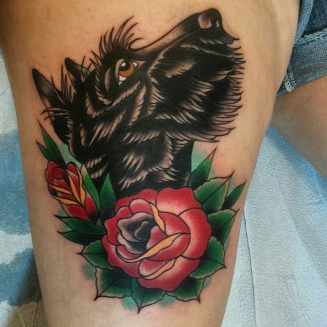 Scottie dog tattoo  Jesse, Blackcat PGH Traditional Schnauzer Tattoo, Scruffy Dog Tattoo, Scottie Dog Tattoo, Scottish Terrier Tattoo, Tattoo Ideas With Flowers, Schnauzer Tattoo, Patronus Tattoo, Scotties Dog, Dog Tattoo Ideas