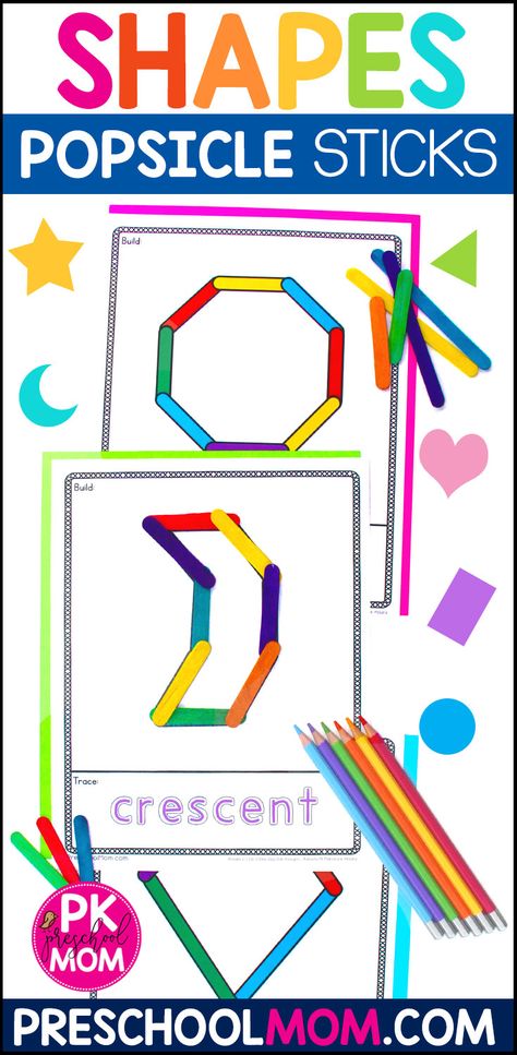 This pack contains 16 different, full sheet, popsicle stick shape mats. Your students will have fun as they learn shape names and how they are made. They will also work on writing, critical thinking, fine motor skills, and more! Preschool Mom, Homeschool Board, Shape Names, Work On Writing, Cat Art Illustration, Homeschool Printables, Easel Activities, On Writing, Popsicle Stick