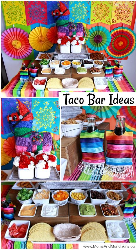 Taco Bar - a unique buffet idea for your next party! Includes ideas for decorating, food, dessert and more! Tacobar Party, Partyfood Ideas, Backyard Fiesta, Taco Bar Ideas, Taco Tuesday Party, Three Esta, Taco Bar Party, Taco Bout A Baby, Mexican Baby Shower