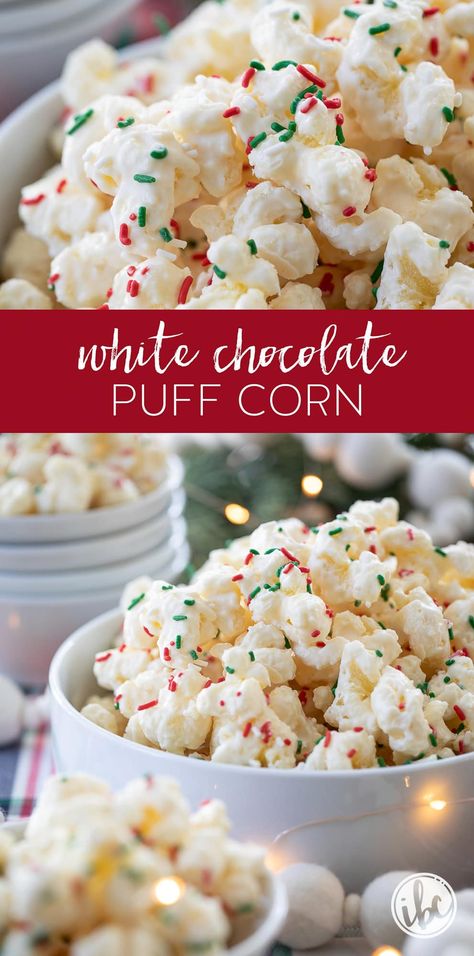 White Chocolate Puffcorn, Christmas Puff Corn, Puffcorn White Chocolate, Chocolate Puff Corn, Christmas Popcorn Recipes, Corn Dessert, Puffed Corn Recipes, Puff Corn, Christmas Crunch