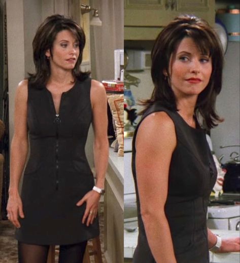 Monica Geller Work Outfits, Monica Geller Black Dress, Janice Outfits Friends, 90s Monica Geller Outfits, Monika Geller Outfits, Courtney Cox Outfits, Monica And Rachel Outfits, Monica Geller Outfits Season 1, Monica Geller Dress