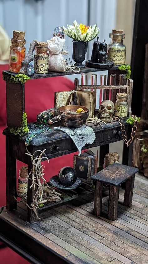 Mini Witch House, Witches Hut Interior, Punk Cottagecore Aesthetic, Halloween Diorama Ideas, Diy Witch Miniatures, Miniature Witch House, Witch Cottage Aesthetic, Cottage Diorama, Witch House Miniature