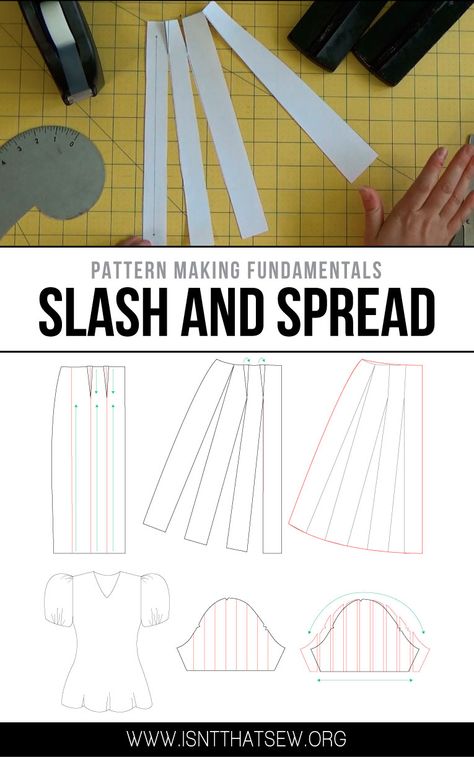 Learn how easy it is to turn a basic pencil skirt into an A Line skirt using the slash and spread method! | isntthatsew.org Skirt Patterns, Sewing Courses, Basic Sewing, Sewing 101, Make Your Own Clothes, Top Sewing Pattern, Sewing Class, Pattern Drafting, Sewing Studio