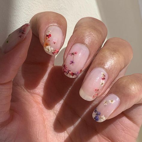 Dehydrated Flower Nails, Floral Press On Nails, Nail Art Dried Flowers, Fall Flower Nails Acrylic, Short Almond Flower Nails, Dried Flower Manicure, Pressed Flower Nail Art, Dried Flower Nail Designs, Dried Flowers Nail Art