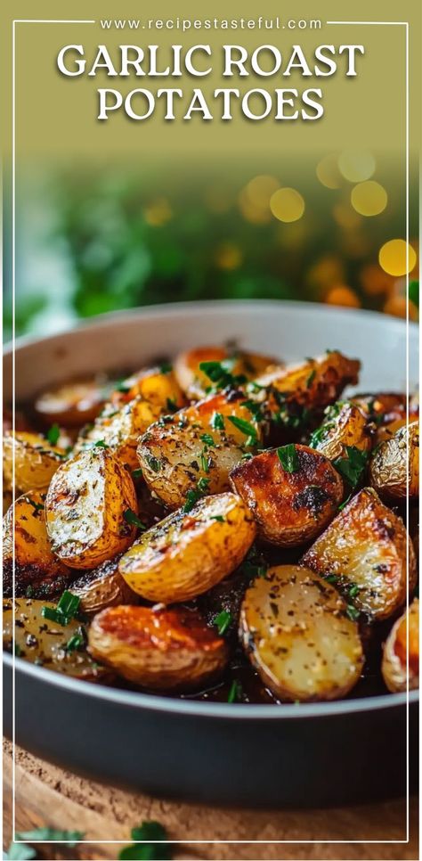 These Garlic Roast Potatoes are crispy, golden, and loaded with garlicky flavor—perfect for Thanksgiving or any occasion. With a fluffy interior and crunchy exterior, they’re a side dish everyone will love. Rosemary Baked Potatoes, Garlic Roasted Idaho Potatoes, Roast Russet Potatoes, Recipes For Golden Potatoes, Easy Golden Potato Recipes, Foil Wrapped Baked Potatoes In The Oven, Petite Golden Potatoes Recipe, Pot Roast Sides Dishes, Potato Recipes Dairy Free