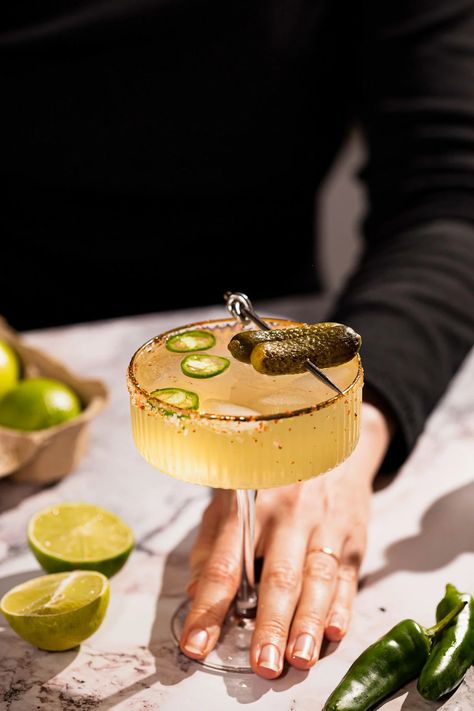 Pickle Margarita - Pass The Sushi Pickle Sushi, Pickle Margarita, Basic Cocktail Recipes, Basic Cocktails, Mezcal Margarita, Grilled Watermelon, Traditional Margarita, Spicy Pickles, Tequila Margarita