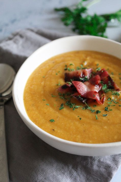 Red Lentil Soup with Bacon Lentil Soup With Bacon, Lentil And Bacon Soup, Bacon Soup Recipes, Red Lentil Soup Recipe, Soup With Bacon, Bacon Soup, Lentil Soup Recipes, Red Lentil Soup, Healthy Veggies