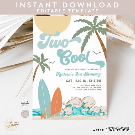 Editable Boy Surf Surfing 2nd Birthday Invite Two Cool Modern Surfboard Beach Party Invitation Invite Instant Download 630K1 2-2 - Etsy Australia Beach Party Invite, 2nd Birthday Invite, Beach Party Invitations, Two Cool, Summer Fest, 1st Birthday Party Invitations, Wipe Out, Some Text, Birthday Invite