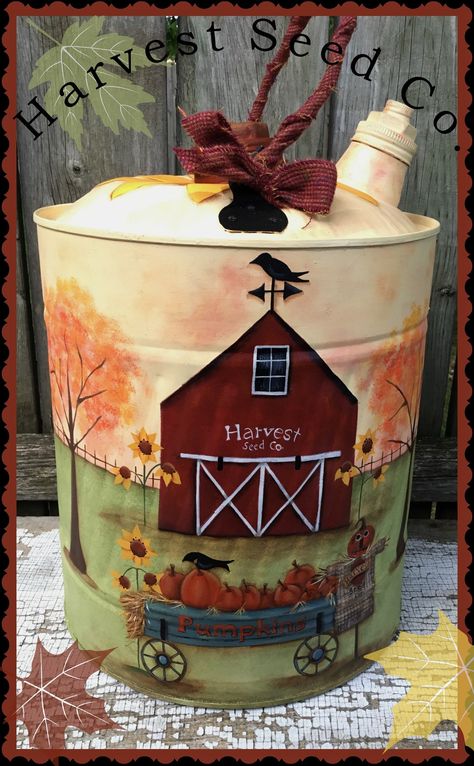 Painted Buckets, Painted Milk Cans, Americana Paint, Primitive Painting, Tole Painting Patterns, Tin Can Crafts, Country Paintings, Gas Cans, Farm Scene