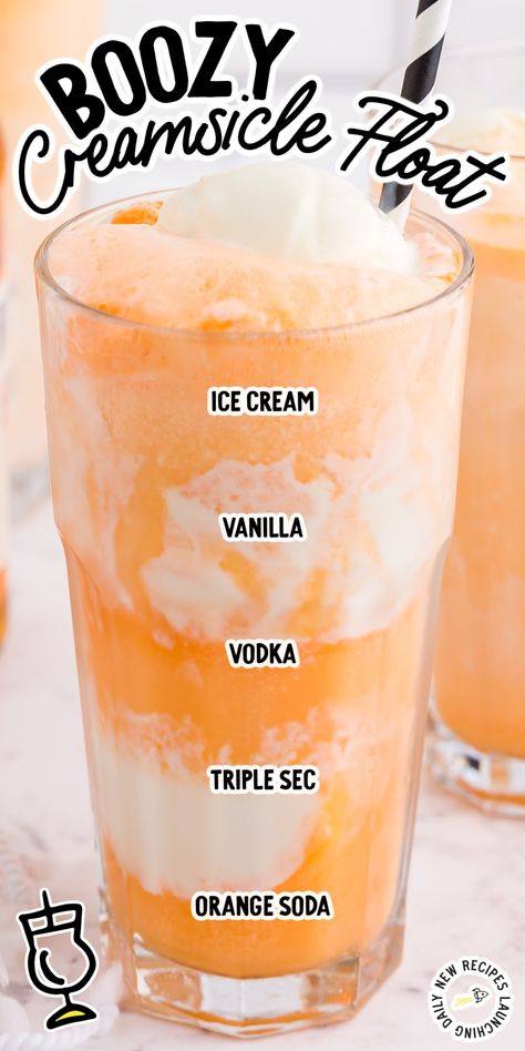 That classic orange, creamy flavor you remember so well from childhood can now be enjoyed with a grown-up twist in our boozy creamsicle float. Smooth and silky vanilla ice cream is combined with vodka and your favorite orange-flavored liqueur and then topped off with a fizzy orange soda for the ideal indulgent summer treat. Cream Cicle Drink, Ice Cream Drinks With Liquor, Alcohol Ice Cream, Creamsicle Recipes, Creamsicle Float, Dirty Drinks, Alcohol Desserts, Alcoholic Ice Cream, Creamsicle Drink