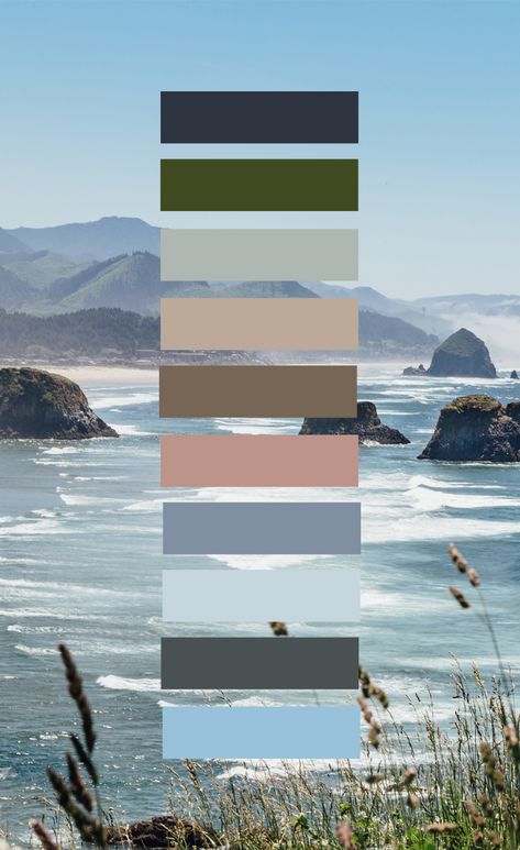 Canon Beach Oregon color scheme and color palette inspiration. Photograph taken on Ecola State Park, Oregon. Oregon Coast Color Palette, Seattle Color Palette, Oregon Color Palette, California Color Palette, Canon Beach Oregon, Canon Beach, Canvas Art For Sale, Beachy Colors, Color Palette Inspiration