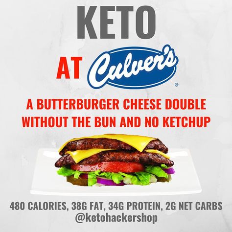 KETO AT CULVERS So you're headed to Culvers but want to order something to keep it keto? . This is what you do. . ORDER A ButterBurger… Brandon Carter, Keto Entrees, Keto Chocolate Mug Cake, Keto Restaurant, Keto On The Go, Keto Fast Food, Keto Supplements, Atkins Diet, Keto Meal Prep