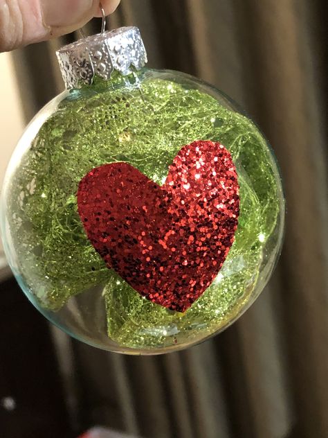 Grinch Christmas Ornament Grinch Inspired Ornaments, Grinch Glitter Ornament, Grinch Heart Ornament, Grinch Jars, Grinch Trees Ideas, The Grinch Christmas Decorations Diy, Grinch Ornaments Diy, Grinchmas Decor, Diy Grinch Ornaments