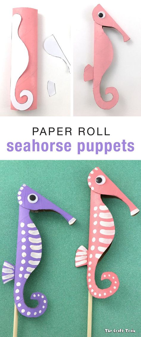 Paper roll seahorse puppets Seahorse Craft, Seahorse Crafts, Cardboard Tube Crafts, Summer Preschool Crafts, Toilet Roll Craft, Kids Origami, Ocean Crafts, Toilet Paper Roll Crafts, Paper Roll Crafts