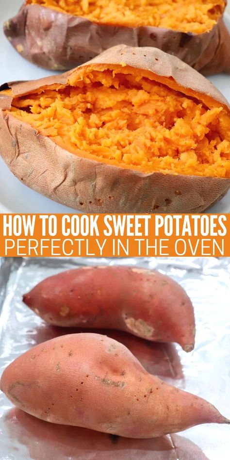 cooked sweet potato cut open on plate and uncooked sweet potatoes on foil lined baking sheet Microwave Sweet Potato How To, Baked Sweet Potato Microwave, Baked Sweet Potatoes In The Oven, How To Cook Sweet Potatoes, Sweet Potato In Oven, Microwave A Sweet Potato, Baked Sweet Potato Oven, Potato Microwave, Potato Oven