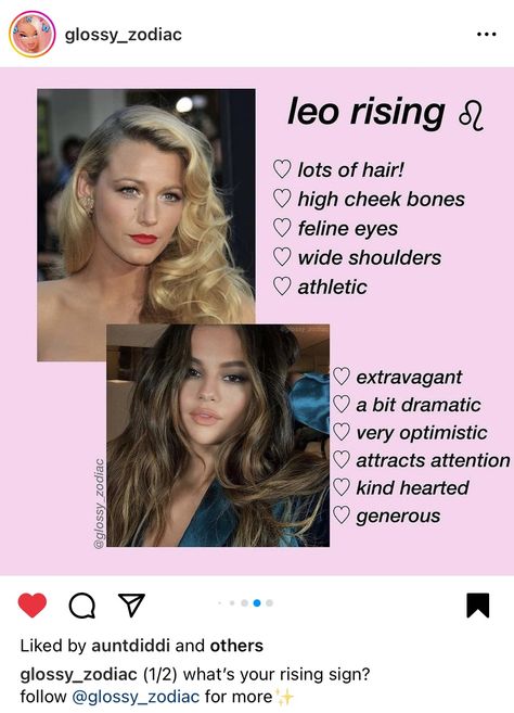 Credits @glossyzodiac on Instagram Leo Rising Woman, Leo Rising Appearance, Your Rising Sign, Astro Tarot, Rising Sign, Leo Rising, Scorpio Moon, Witchy Vibes, Birth Chart