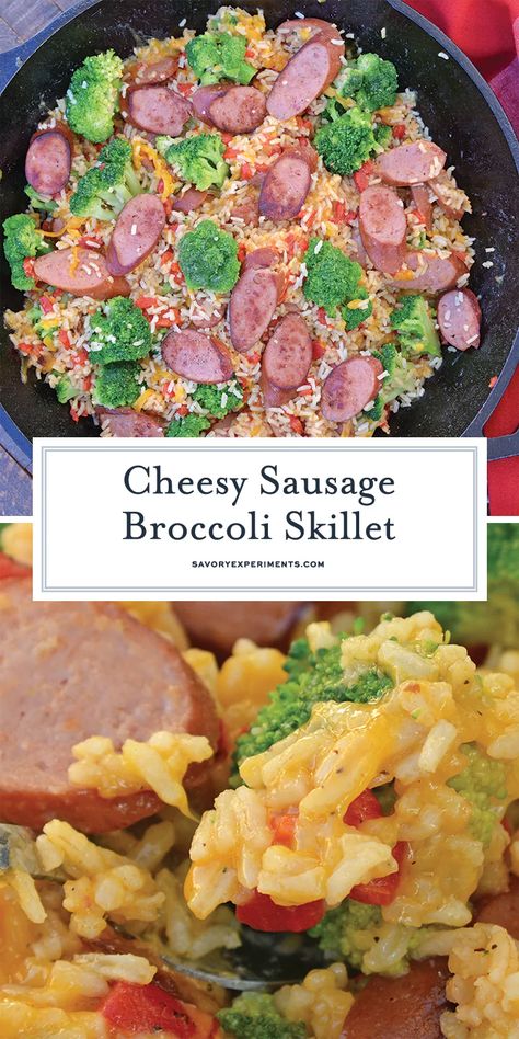 Sharp cheddar cheese tossed with rice, broccoli florets, roasted red pepper and tender Eckrich Smoked Sausage. Dinner is ready in just 15 minutes! #easydinnerideas #skilletmeals #onepandinner www.savoryexperiments.com Cheddar Chicken Sausage Recipes, Sausage Link Meals, Summer Sausage Recipes Dinners, Eckrich Sausage Recipes, Smoked Sausage Dinner, Eckrich Sausage, Broccoli Skillet, Sausage Broccoli, Rice Broccoli