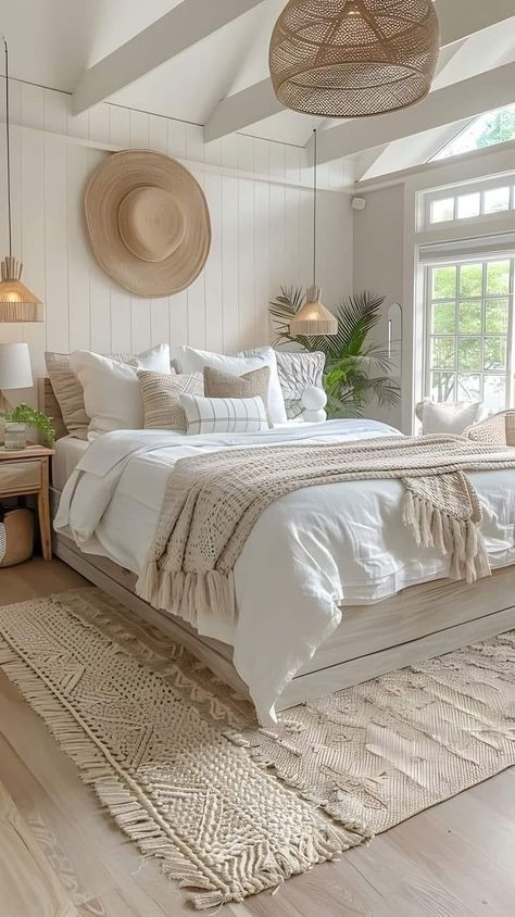 Bedroom Decor Boho Chic, Trending Room Ideas, Sage Boho Bedroom, Boho Room Ideas Bedroom, Bali Style Bedroom, Modern Farmhouse Bedroom Ideas, Coastal Bedroom Design, Bedroom Aesthetic Boho, Modern Coastal Bedroom