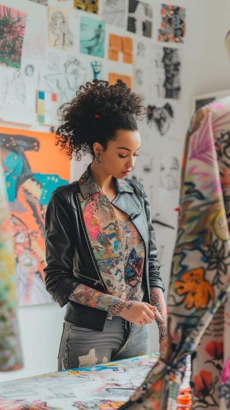 Artist at Work: A creative artist focused intently on her colorful canvas in a studio adorned with inspirational art. #artist #studio #canvas #creativity #painting #fashion #style #leather jacket #aiart #aiphoto #stockcake https://ayr.app/l/a6fs Creativity Painting, Style Leather Jacket, Stylish Leather Jacket, Painting Fashion, Custom Leather Jackets, Work Images, Inspirational Art, Custom Leather, Artist At Work