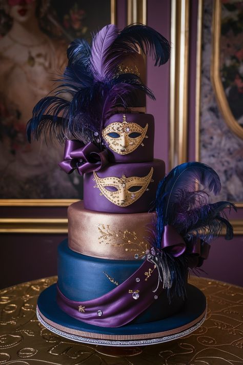 Mystery & Majesty: Venetian Mask Birthday Cake Design Masquerade Party Cake, Sweet 16 Masquerade Party, Masquerade Ideas, Masquerade Cakes, Birthday Cake Aesthetic, Purple Cakes Birthday, Crystal Decorations, Masquerade Theme, Macaron Cake