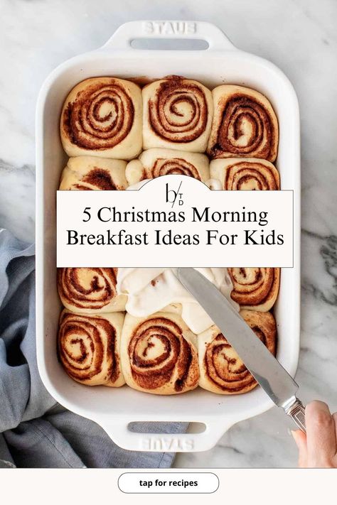 I figured it would be helpful to share some Christmas morning breakfast ideas that are both kid-friendly and parent approved. Nothing says Christmas morning quite like ooey gooey cinnamon rolls. Whether you grab some easy bake options at the store or make some from scratch using this recipe, I guarantee everyone in your family will be thrilled.  Tap for the full recipe! Christmas Brunch Ideas For Kids, Kids Christmas Breakfast, Christmas Breakfast For Kids, Christmas Breakfast Ideas For Kids, Ooey Gooey Cinnamon Rolls, Christmas Morning Breakfast Ideas, Gooey Monkey Bread, Morning Breakfast Ideas, Christmas Morning Recipes