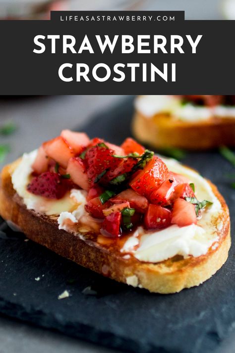 Easy Strawberry Crostini - This simple strawberry bruschetta uses fresh berries, goat cheese, basil, balsamic vinegar, and honey for a crowd-pleasing appetizer that’s ready in a flash! Perfect for spring or summer entertaining. With plenty of notes and substitution ideas so you can make it your own. Goat Cheese And Strawberry Appetizer, Strawberry Goat Cheese Bruschetta, Strawberry Bruschetta Appetizers, Crustini Appetizers Spring, Berry Crostini, Strawberry Goat Cheese Crostini, Antipasti Recipes, Strawberry Crostini, Strawberry Dinner