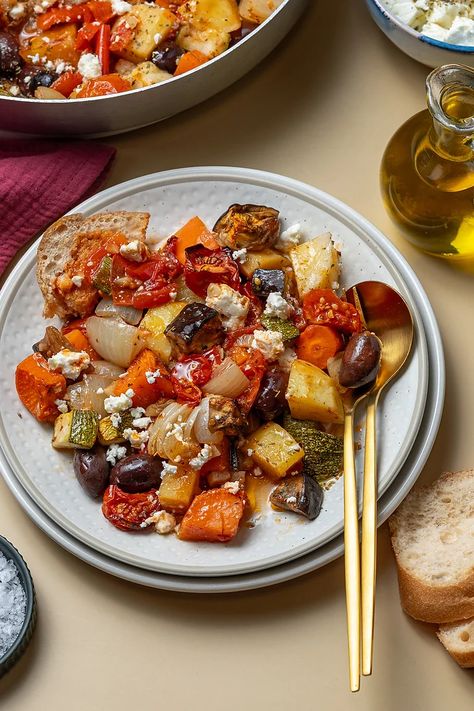 Greek Baked Vegetables Milk Street, My Greek Table Diane Kochilas Recipes, Briami Greek Vegetables, Briam Greek Roasted Vegetables, Greek Veggies, Greek Roasted Vegetables, Chicken And Vegetable Bake, Greek Vegetables, Vegetable Bake