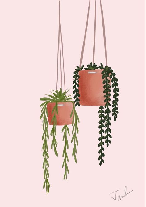 Potted Plants Painting Acrylic, Aesthetic Plant Painting, Hanging Plant Painting, Hanging Plant Illustration, Hanging Plant Drawing, Hanging Plant Decor, Diy Macrame Projects, Plants Illustration, Ipad Painting