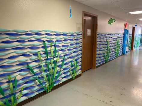 Ocean School Decorations, Zoology Classroom Decorations, Under The Sea Entryway, Diy Ocean Themed Party Decor, Aquatic Classroom Theme, Beach Themed Hallway Decor School, Deep Sea Classroom Theme, Under The Sea Office Decor, Beach Decorations For Classroom