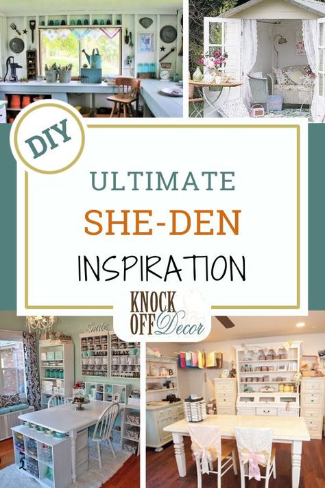 She Den Ideas, She Shed Interior Woman Cave, She Cave Ideas For Women, She Room Woman Cave, Small She Shed Interiors, Inside She Shed Ideas, She Shed Craft Room Ideas, Craft Shed Ideas, Mom Cave Ideas