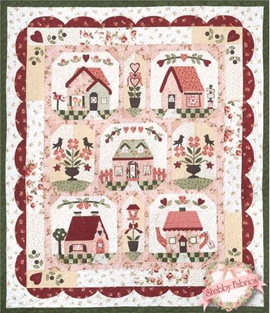 Follow Your Heart Pattern Set: This quilt is sure to bring your home warmth and love for years to come! The Follow Your Heart quilt finishes to 60" x 70" and is full of hearts and cottages. The outer border features scallops for that extra special touch. This pattern set includes patterns for the entire quilt plus a fabric accessory packet for the special touches such as the images in the windows.  Add the button set below to finish the quilt just like the original! Colchas Quilting, House Quilt Block, House Quilt Patterns, Primitive House, Box House, Cottage Quilt, Spring Quilts, Salt Box, Quilt Border