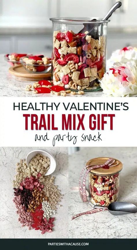 Looking for a great gift idea for Valentine's Day? Try this deliciously festive trail mix for a healthy gift that's as easy to eat as it is to make. This is a two thumbs up kid recipe recipe in my house. But it's just as big a hit with adults as well. Snag the recipe at PartiesWithACause.com #healthyvalentines #healthytrailmix #valentinessnack Valentines Healthy Snacks, Valentine Snack, Trail Mix Ingredients, Yogurt Covered Raisins, Healthy Trail Mix, Valentines Snacks, Healthy Valentines, Trail Mix Recipes, Healthy Party Food