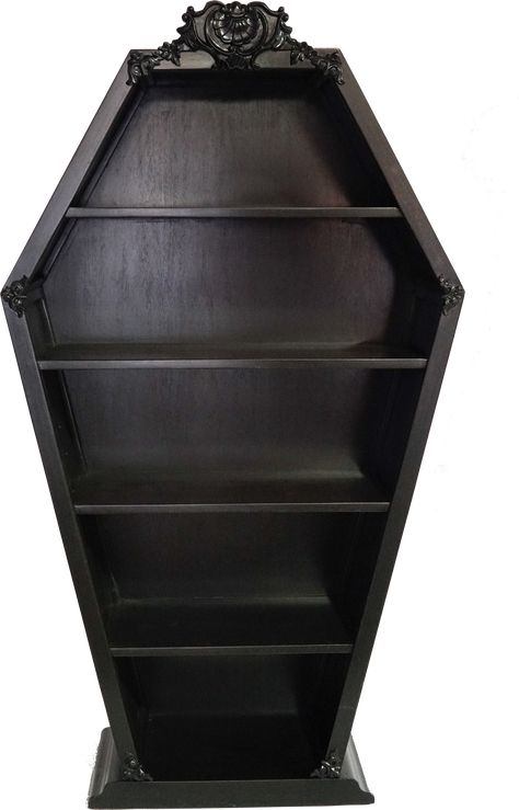 Goth Bedrooms, Coffin Bookcase, Coffin Decor, Coffin Shelf, Blackcraft Cult, Makeup Stand, Black Houses, Gothic Furniture, Wood And Black