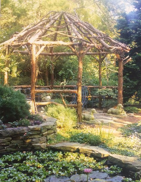 Land Scraping Ideas, Tree Trunk Pergola, Pergola In The Woods, Enchanted Forest Garden Backyards, Rustic Arbor, Garden Archway, Rustic Pergola, Garden Arbor, Garden Gazebo