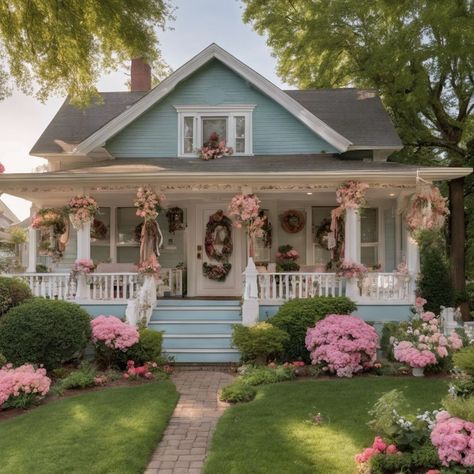 Romantic House Design, Character House Flower Vibe, Girly Cottagecore House, Coquette Home Exterior, Pink Cottage Exterior, Girly House Exterior, Floral House Exterior, Outside Of House Ideas, Character Flower House Vibe