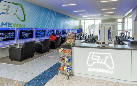 Airport Lounge For Gamers Opens In Houston  Yahoo News Video Game Lounge, Game Lounge, Playstation Room, Cafe Industrial, Houston Travel, Gaming Lounge, Gaming Area, Arcade Room, Game Center