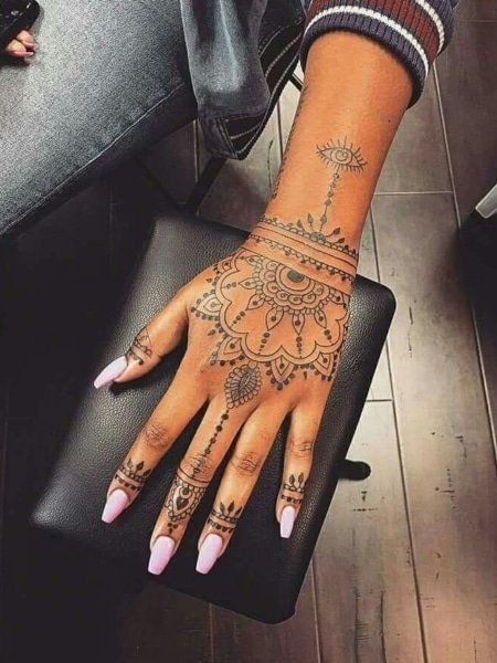 Sacred Geometry Hand Tattoo Women, Small Spiritual Hand Tattoos For Women, Lace Mandala Tattoo Hand, Lace Hand Tattoo, Mandala Hand Tattoo For Women, Top Of Hand Tattoos For Women, Full Hand Tattoos For Women, Hand Mandala Tattoo, Girly Hand Tattoos