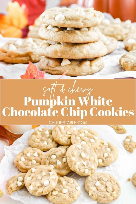 If you need easy pumpkin dessert recipes, bake these homemade pumpkin white chocolate chip cookies! Baked with a cozy and simple blend of pumpkin spice and creamy white chocolate, these pumpkin cookies have a soft, moist inside with crispy edges. These chocolate desserts are perfect for fall, Halloween, Thanksgiving and a crowd! Find these homemade pumpkin white chocolate chip cookies and more easy pumpkin dessert recipes on the blog. Pumpkin Oatmeal White Chocolate Chip Cookies, White Pumpkin Desserts, Pumpkin With White Chocolate Chips, Fall White Chocolate Chip Cookies, Pumpkin White Chip Cookies, Pumpkin Cookies With White Chocolate Chips, Pumpkin Cookies With White Chocolate, White Chocolate Pumpkin Cookies, Easy Pumpkin Dessert Recipes