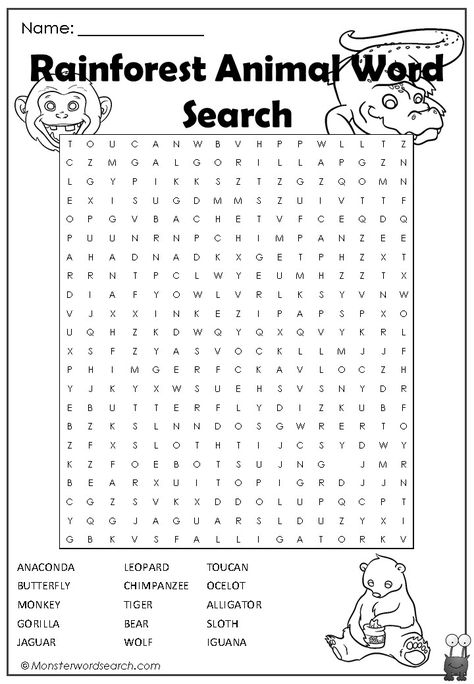 nice Rainforest Animal Word Search Rainforest Games, Rainforest Worksheets, Animal Word Search, Jungle Activities, Rainforest Project, Rainforest Activities, Free Printable Word Searches, Rainforest Habitat, Rainforest Theme