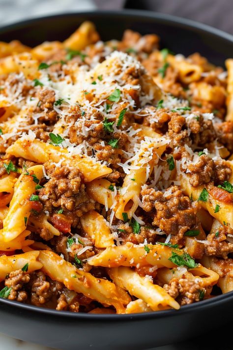 Savor our Ground Beef Pasta recipe, an easy and healthy dinner option. This creamy, cheesy hamburger meat pasta is a one-pot delight. Ideal for those who appreciate quick and easy dinner recipes, find the full Ground Beef Pasta recipe at SimplyCalledFood.com together with other minced beef recipes. Food Recipes Beef Ground Meat, Pasta And Hamburger Recipes Easy Meals, Pasta With Beef Chunks, Pasta Recipes Minced Meat, Minced Meat Recipes Main Dishes, One Pan Pasta Recipes Ground Beef, Hamber Meat Dinner Ideas, Mince Dishes Easy, Pasta And Beef Recipes Simple