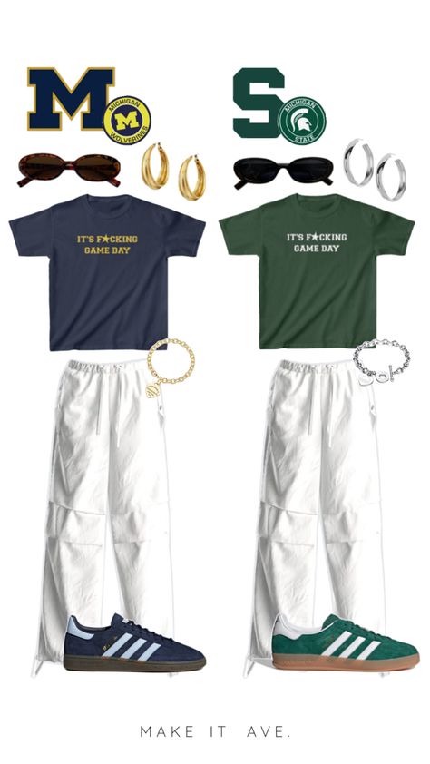 u of m vs msu outfit with our game day baby tee (link in bio.) paired with cool sunglasses, chunky charm bracelets, chunky gold and silver hoops, white pants and adidas shoes. #outfit #msu #universityofmichigan Michigan State Outfit, Msu Outfit, Michigan Vs Michigan State, Adidas Shoes Outfit, Chunky Charm Bracelet, Michigan M, U Of M, Shoes Outfit, Cool Sunglasses