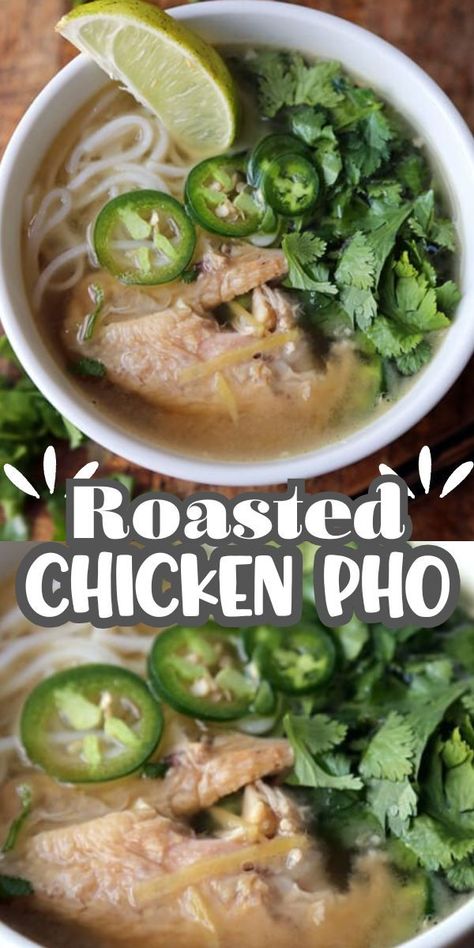 This is a quick, easy and VERY tasty recipe for chicken pho made with leftover roasted chicken. Ready in 20 minutes, this full-flavored chicken pho recipe delivers the savory promise of a slow cooked broth in about 20 minutes – the best! Easy Pho, Chicken Pho Recipe, Leftover Roasted Chicken, Flavored Chicken, Pho Broth, Chicken Pho, Pho Recipe, Pho Soup, Roast Chicken Leftovers